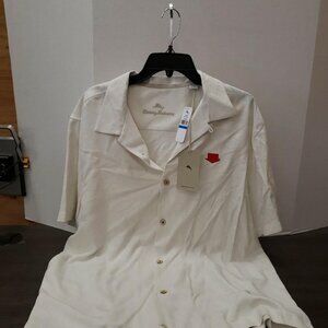 Tommy Bahama Men Hawaiian Lounge Shirt Textured Pearl White 100% Silk XL
